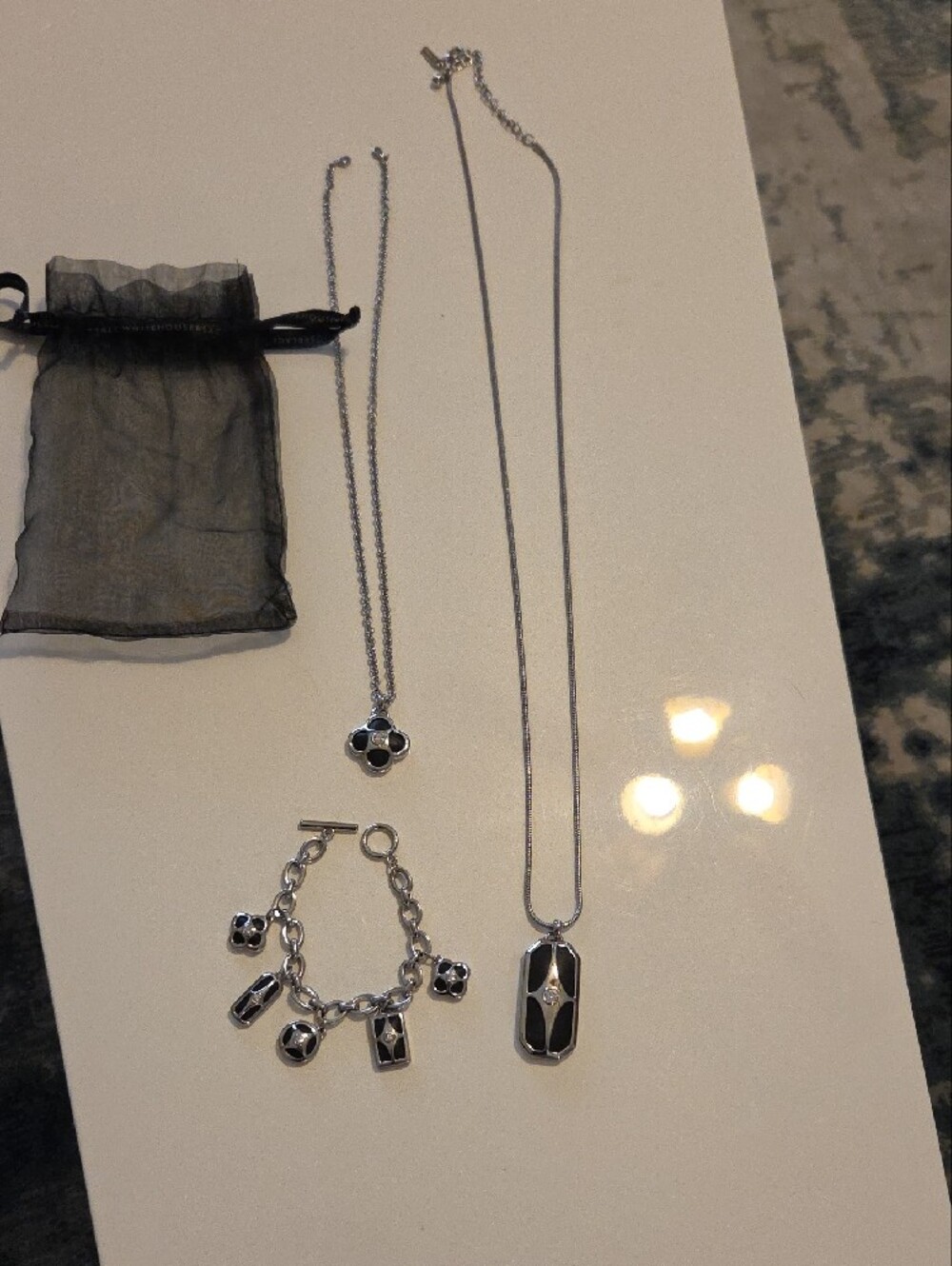 WHBM Silver Tone and Black Leather Pendant Necklaces and Charm Bracelet Set